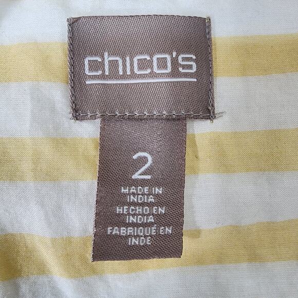 Chicos Shirt Women 2 US Large Button Yellow White Stripe Cotton Long Roll Sleeve - Picture 7 of 10